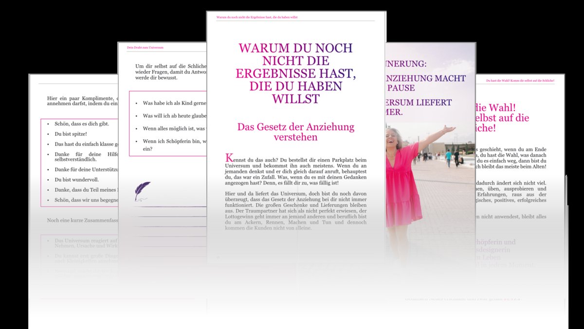 Aufgefächerte Innenseiten des Buchs mit Kapiteln zum Gesetz der Anziehung