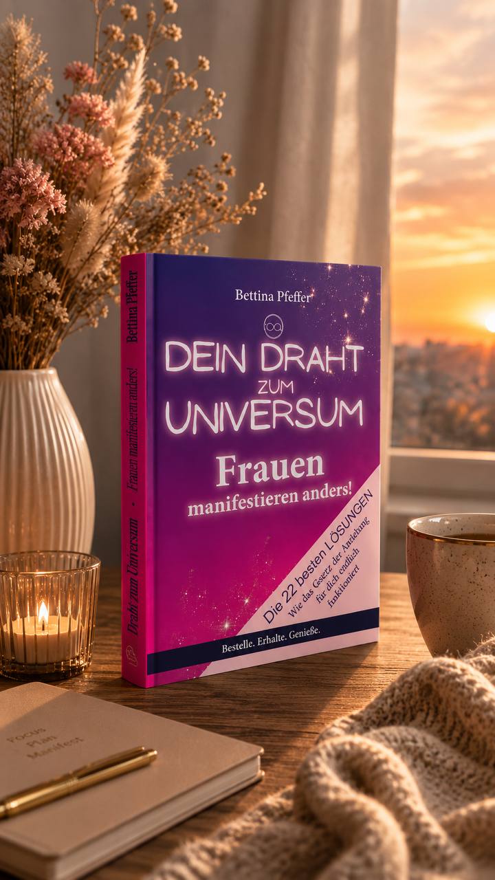 Buch ‚Dein Draht zum Universum' von Bettina Pfeffer auf einem Holztisch mit Trockenblumen, Kerze, Tasse und warmem Sonnenuntergangslicht